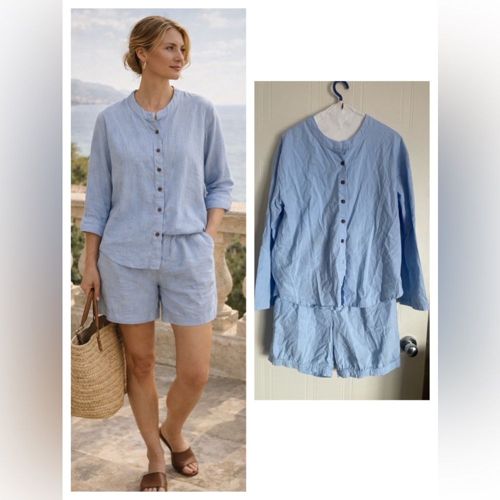 Blue Cotton Shirt Shorts Set M Coastal Classic European Summer Outfit